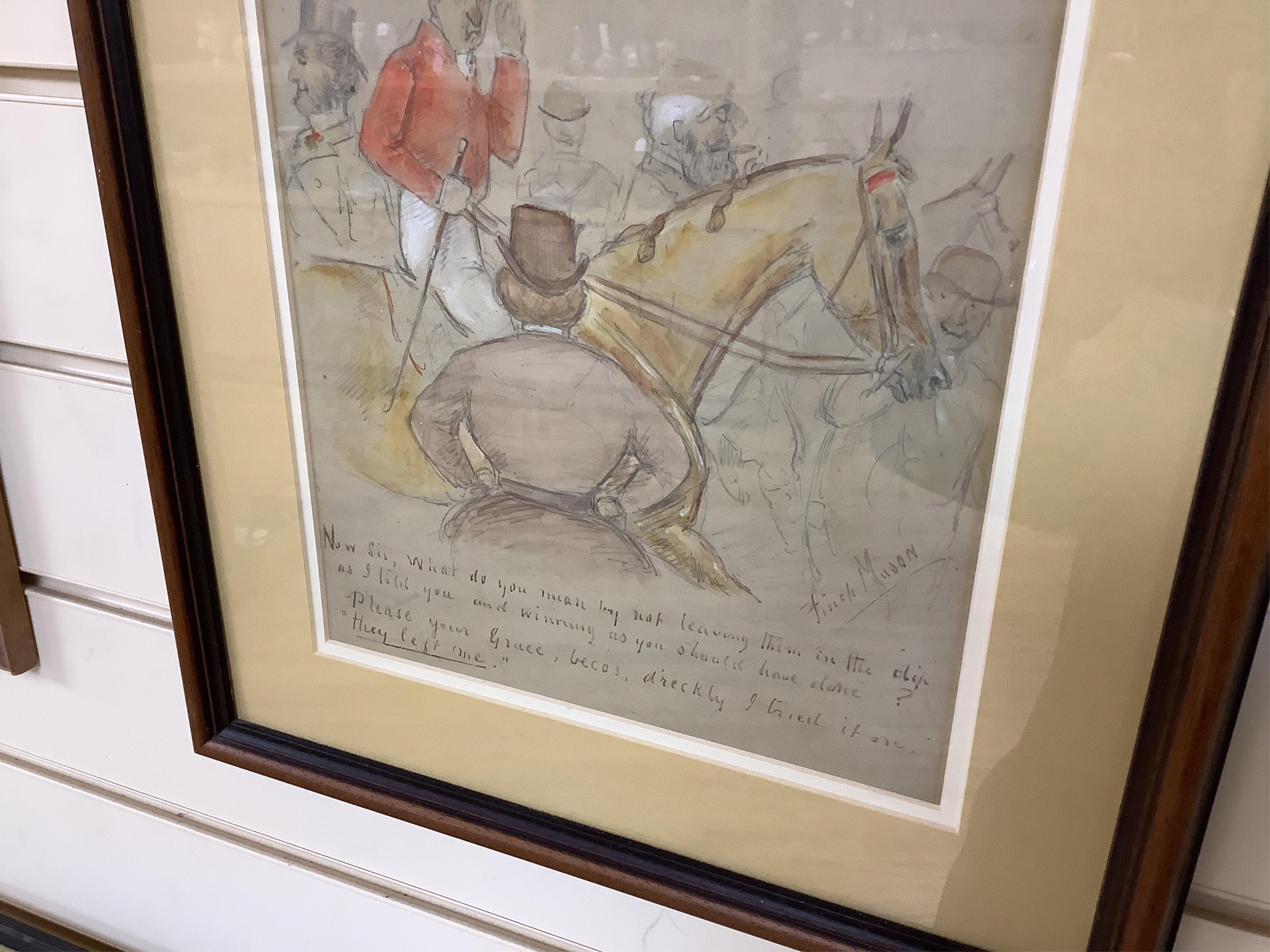George Finch Mason (1850-1915), Horse racing interest to include 'Old Days at Cheltenham' and 'Victory', three pen, ink and washes, each signed, largest 31 x 25cm